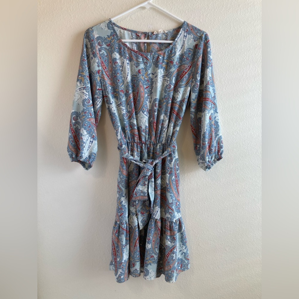 Jane & Delancey Blue Paisley Peasant Tiered Dress Size S Long Sleeve